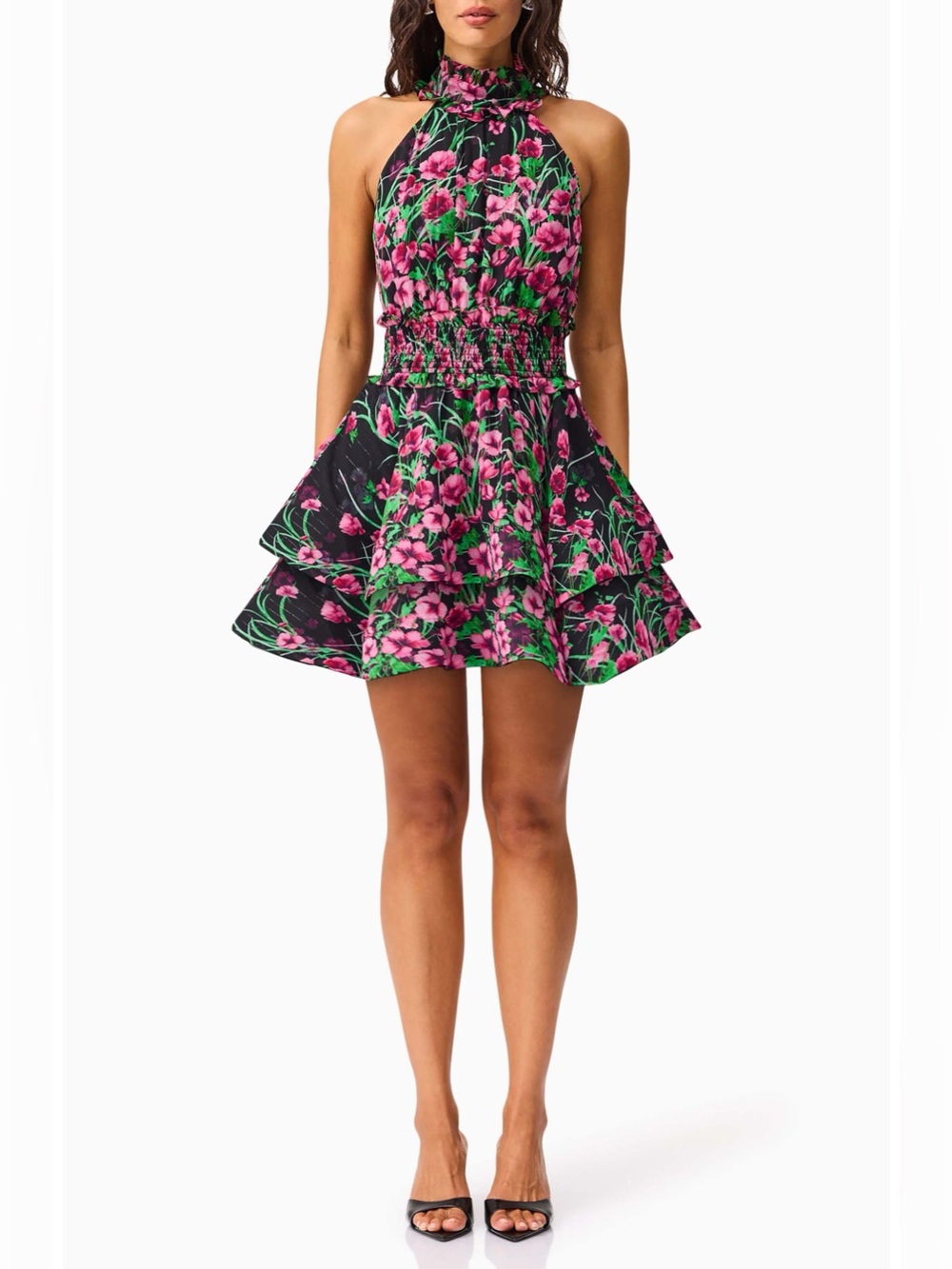 Elliatt Metallic Floral Smocked Waist Fit & Flare Minidress Size XL Wedding $298